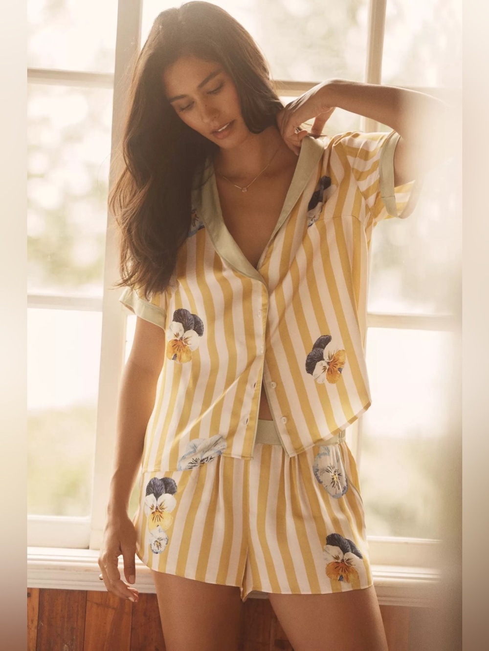 NWT Anthropologie The LyreBird Silky Pajama Top Gold Floral Stripe Size S